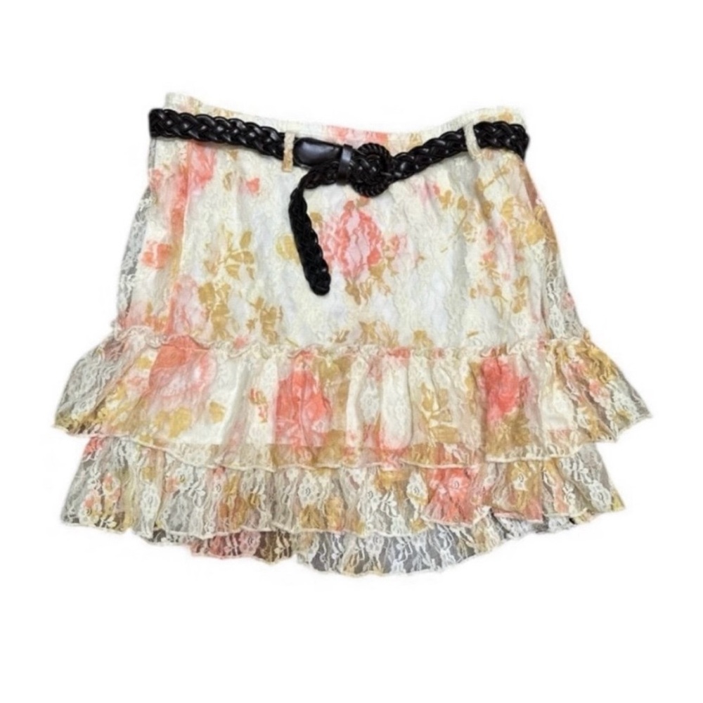 Wrapper Floral Lace Tiered Skirt with Belt